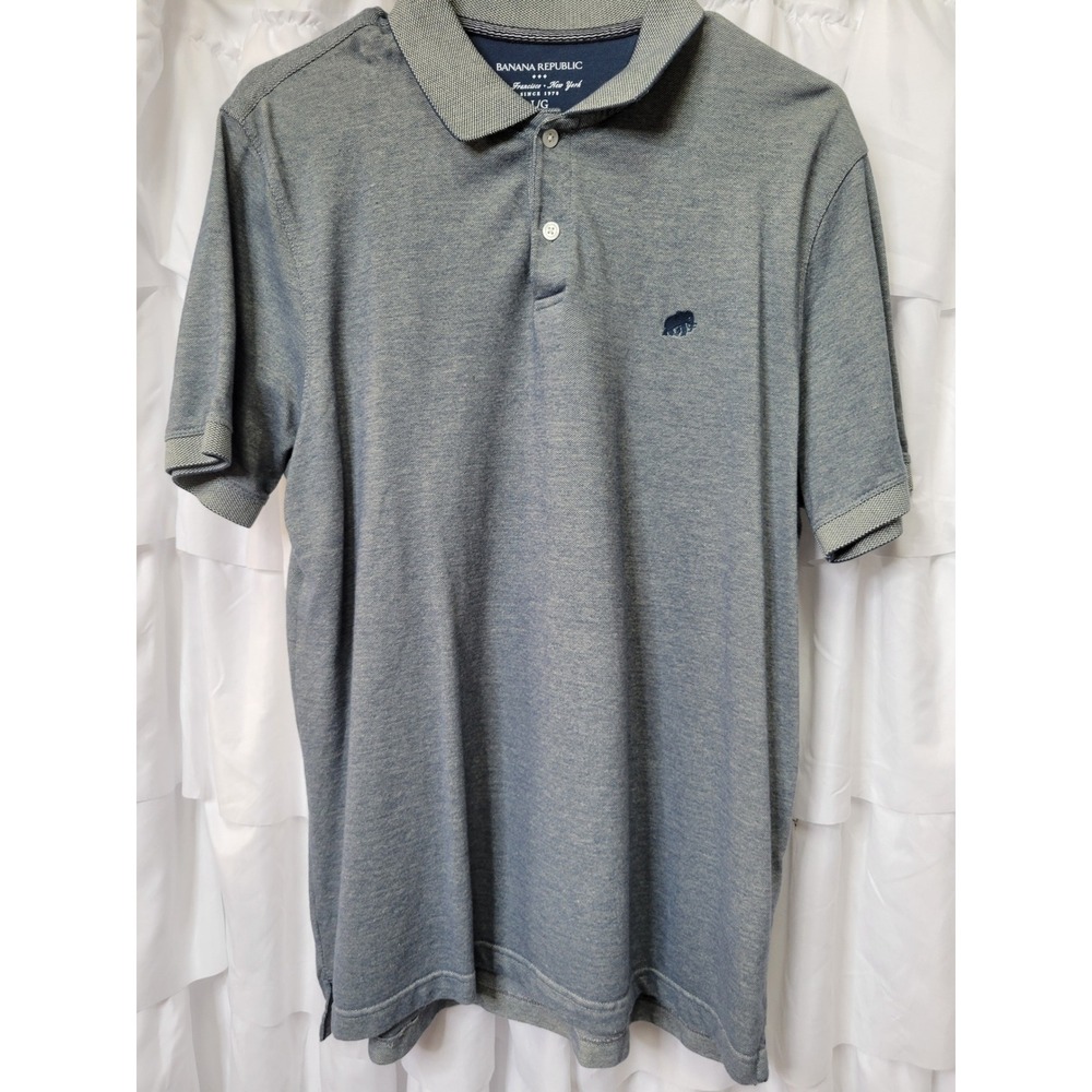 Banana Republic Mens Blue Heathered Pique Polo Elephant Logo Size L Large 216